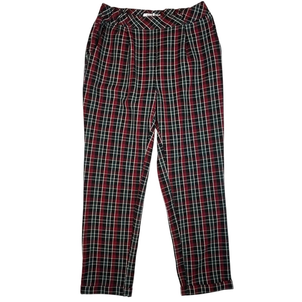 Twik High Waisted Ankle Pants in Red, Black and Teal Plaid with Pleats & Cuffs